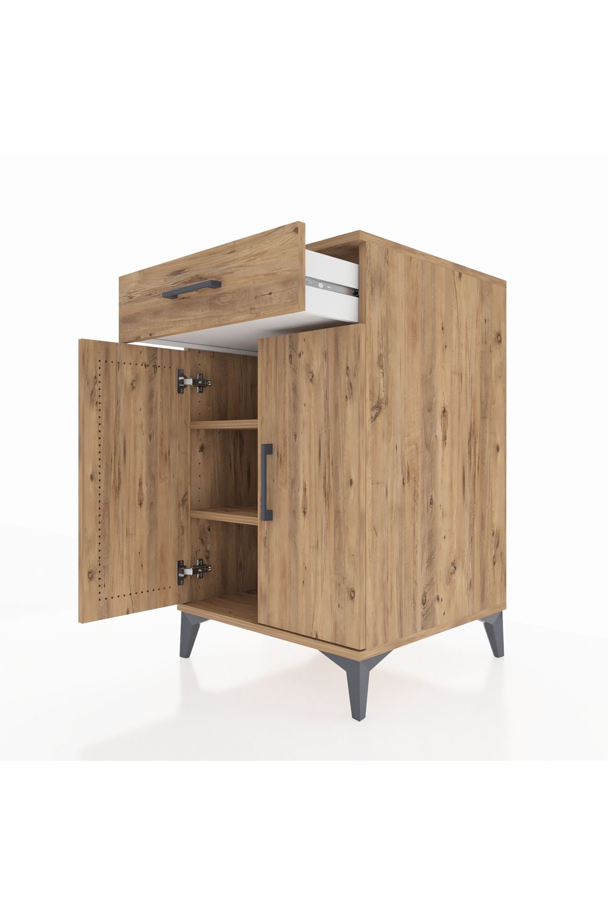 Kronos Komodin 2 Raflı Tek Çekmeceli 2 Kapaklı 60x59x96 Çam-Çam