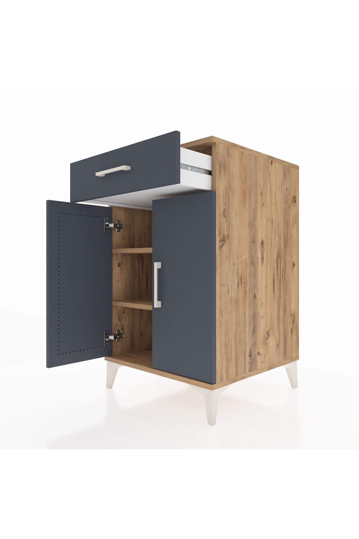 Kronos Komodin 2 Raflı Tek Çekmeceli 2 Kapaklı 60x59x96 Çam-Antrasit