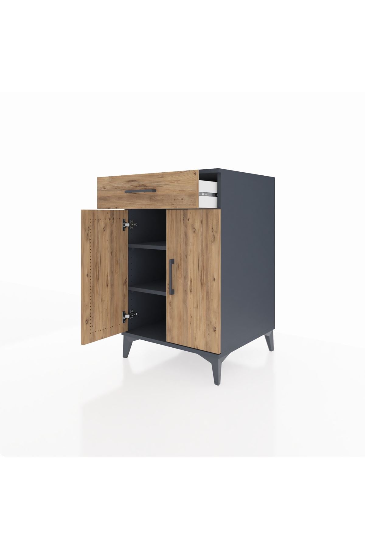 Kronos Komodin 2 Raflı Tek Çekmeceli 2 Kapaklı 60x59x96 Antrasit-Çam