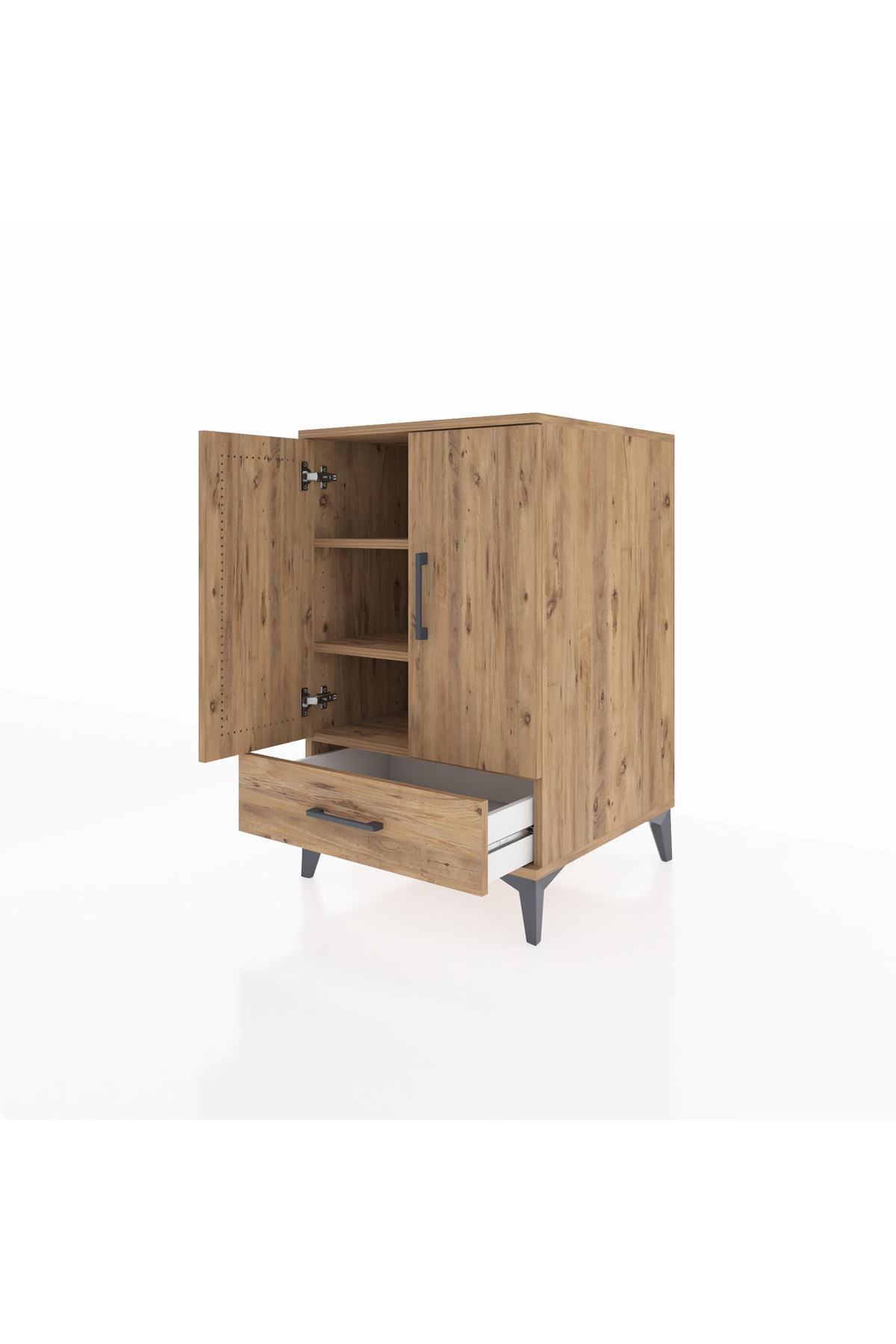 Kronos Komodin 3 Raflı Tek Çekmeceli 2 Kapaklı 60x59x96 Çam-Çam