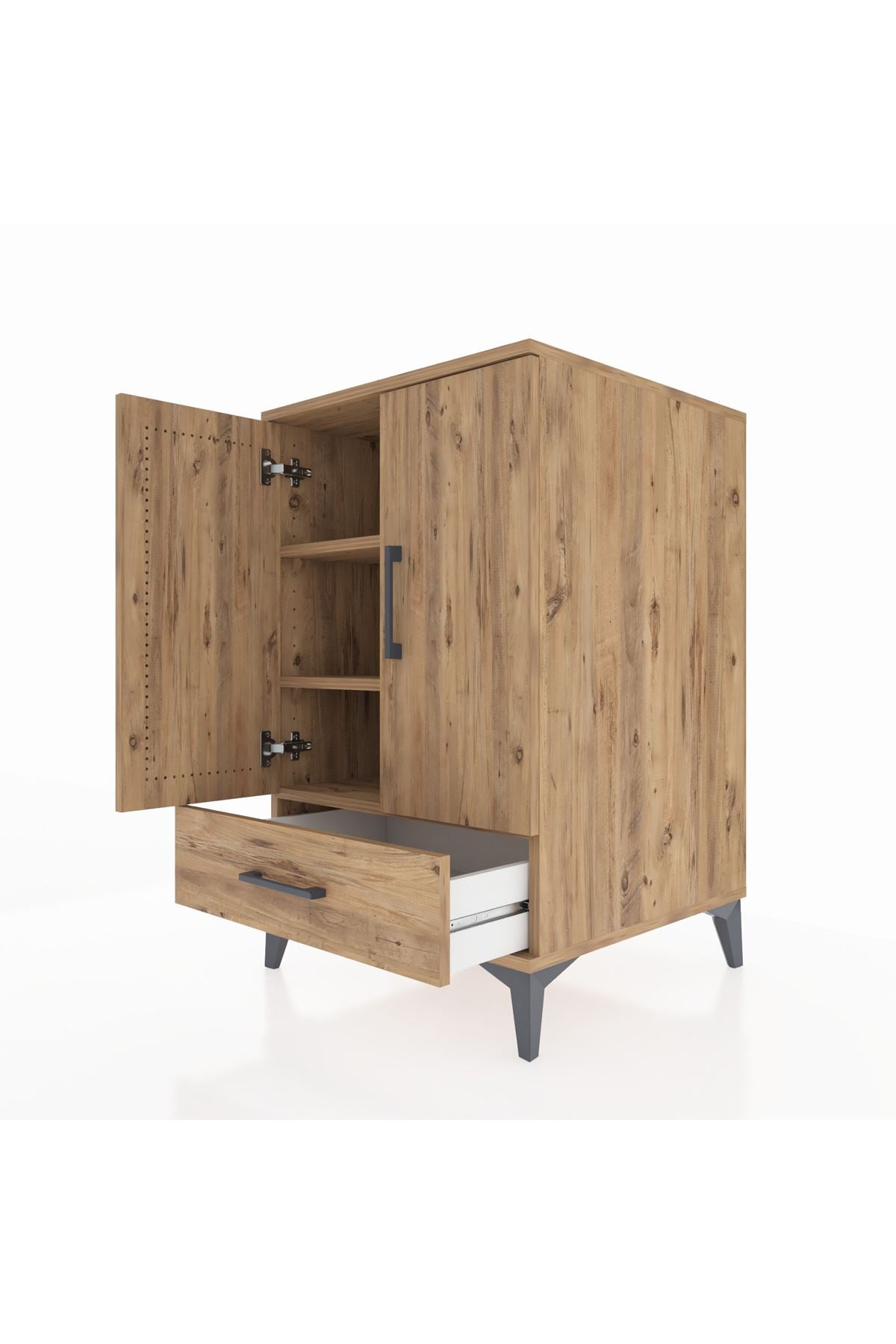 Kronos Komodin 3 Raflı Tek Çekmeceli 2 Kapaklı 60x59x96 Çam-Çam