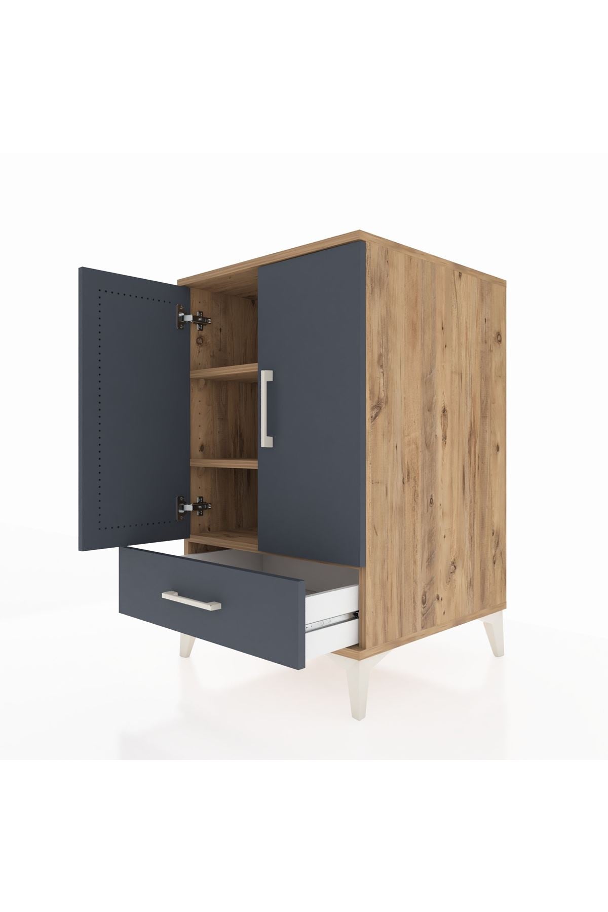 Kronos Komodin 3 Raflı Tek Çekmeceli 2 Kapaklı 60x59x96 Çam-Antrasit