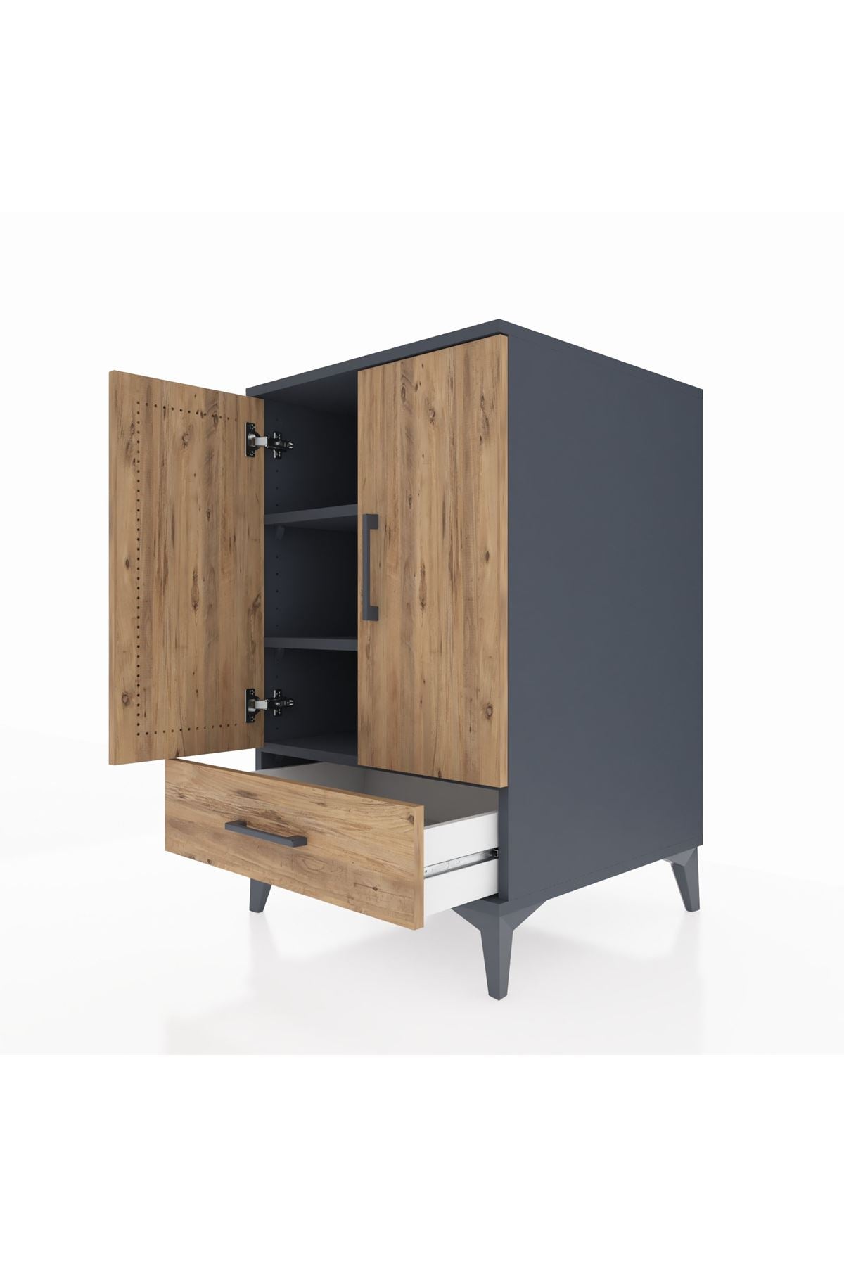 Kronos Komodin 3 Raflı Tek Çekmeceli 2 Kapaklı 60x59x96 Antrasit-Çam