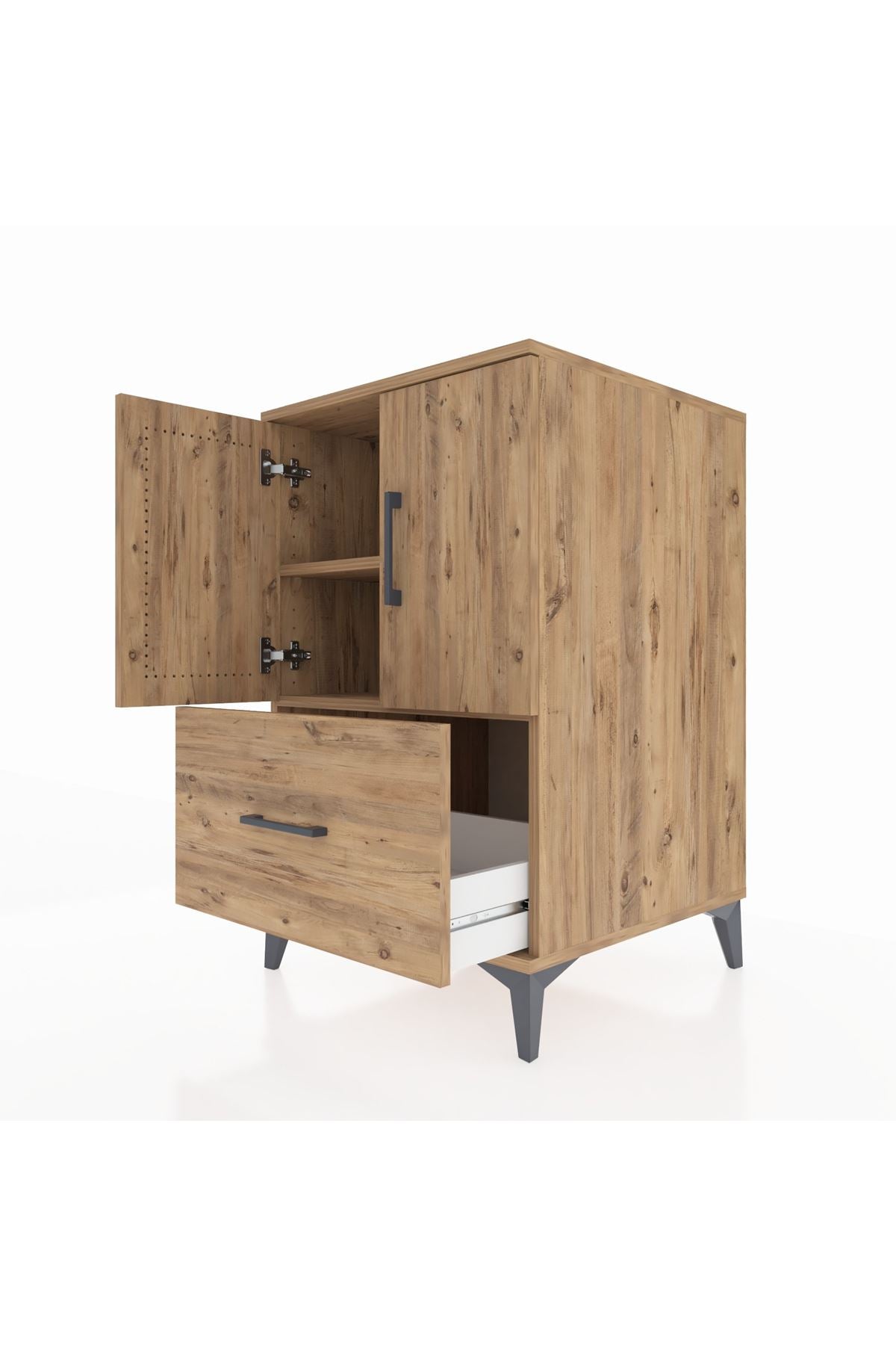 Kronos Komodin 2 Raflı Tek Çekmeceli 2 Kapaklı 60x59x96 Çam-Çam