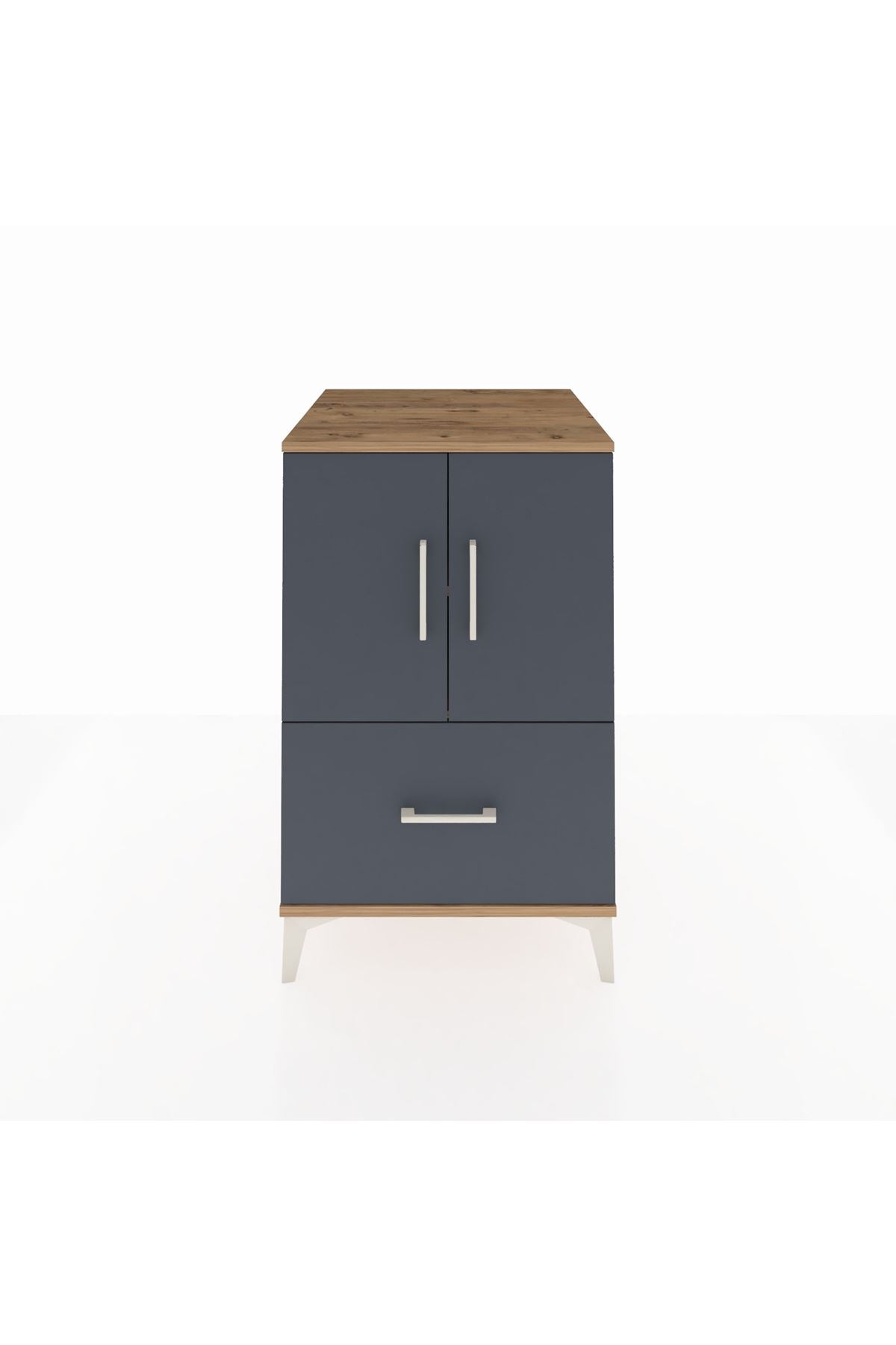 Kronos Komodin 2 Raflı Tek Çekmeceli 2 Kapaklı 60x59x96 Çam-Antrasit