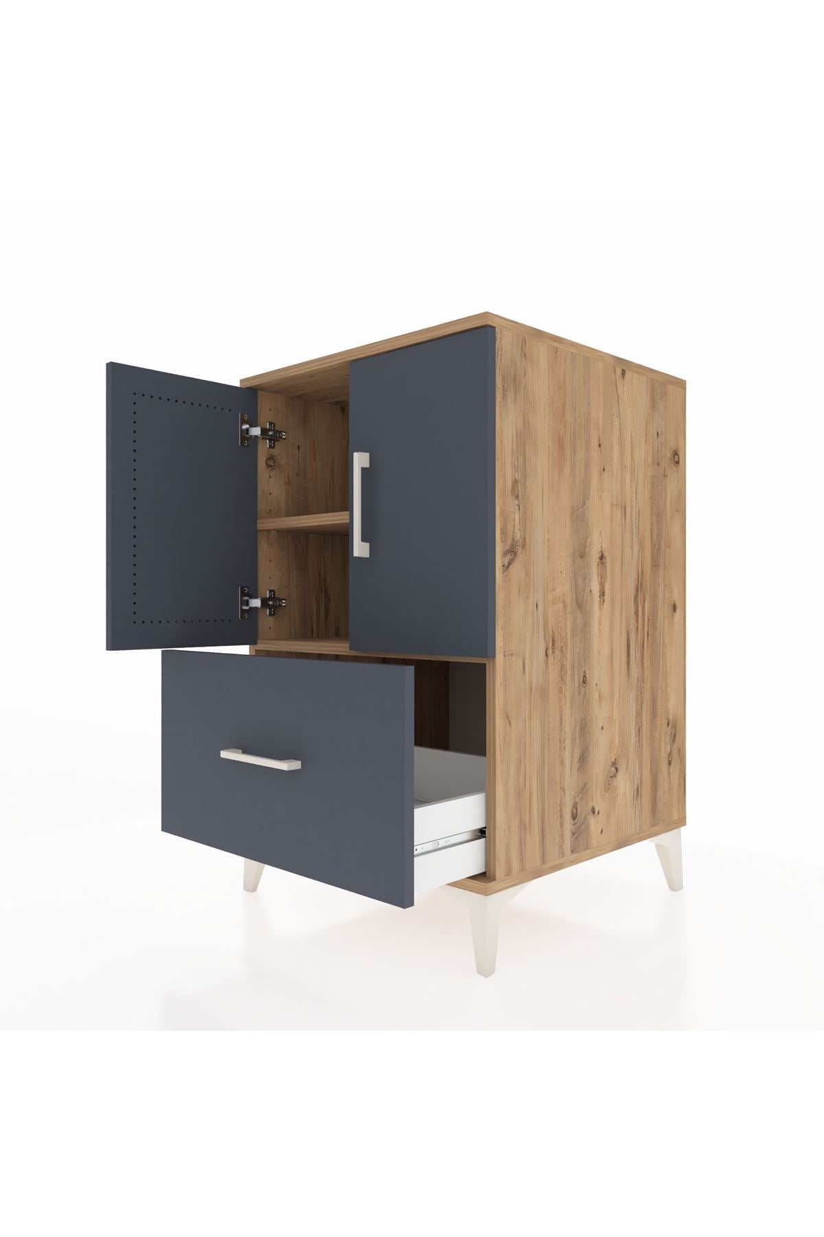 Kronos Komodin 2 Raflı Tek Çekmeceli 2 Kapaklı 60x59x96 Çam-Antrasit