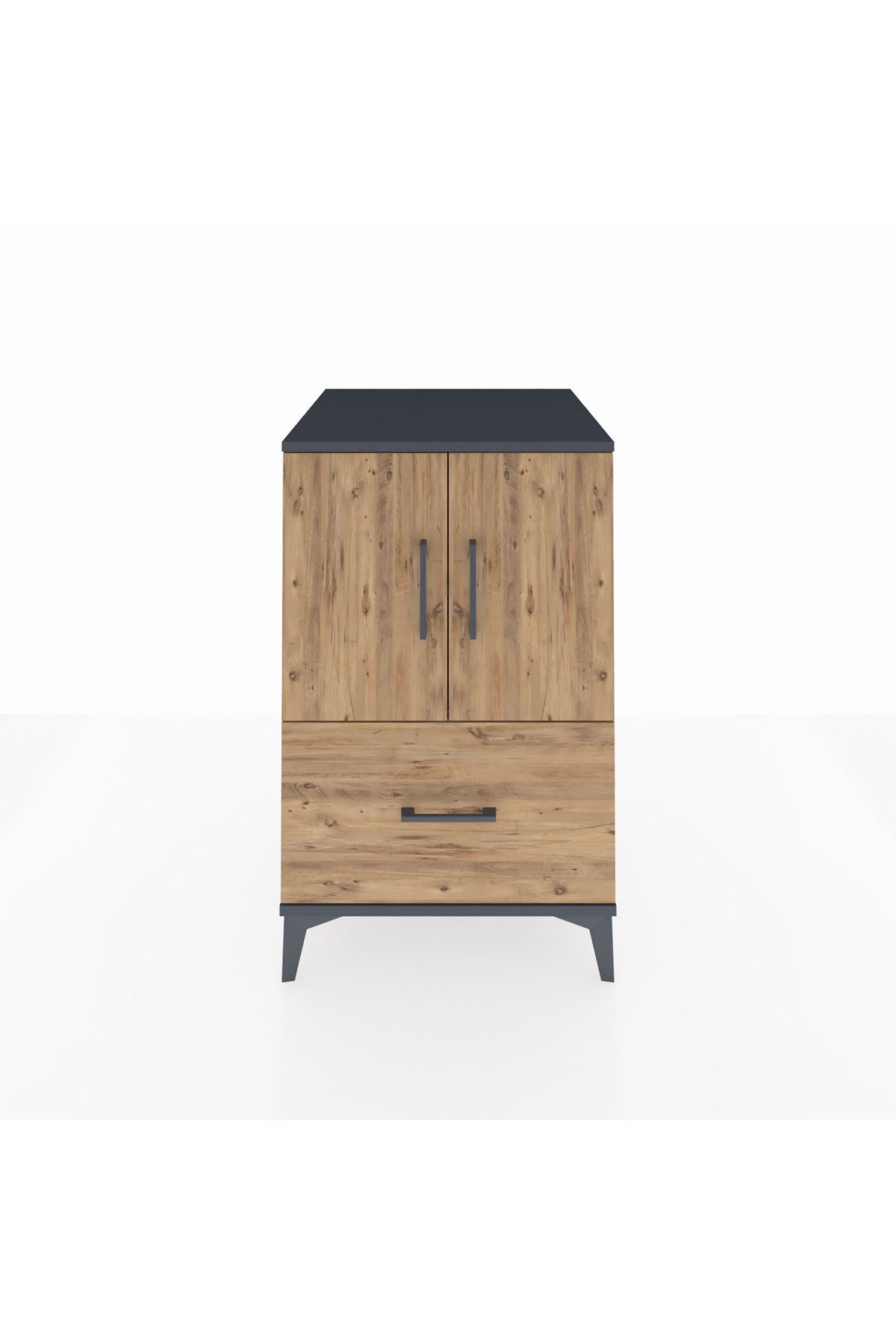 Kronos Komodin 2 Raflı Tek Çekmeceli 2 Kapaklı 60x59x96 Antrasit-Çam