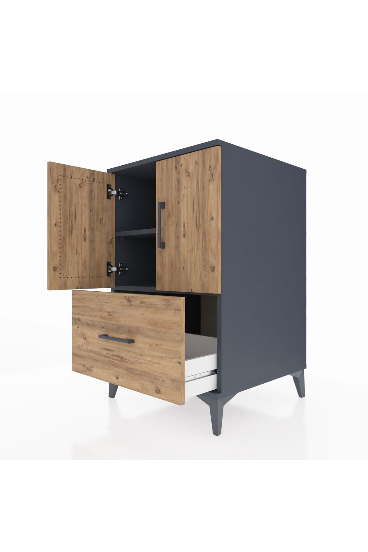 Kronos Komodin 2 Raflı Tek Çekmeceli 2 Kapaklı 60x59x96 Antrasit-Çam