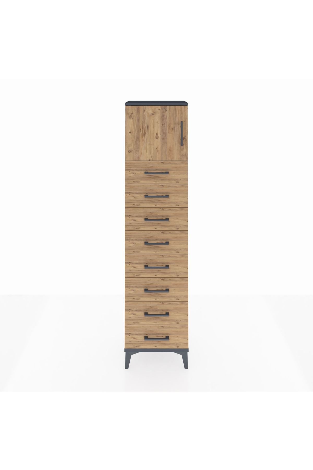 Arges Dolap Tek Raflı 8 Çekmeceli Tek Kapaklı 44x30x182 Antrasit-Çam