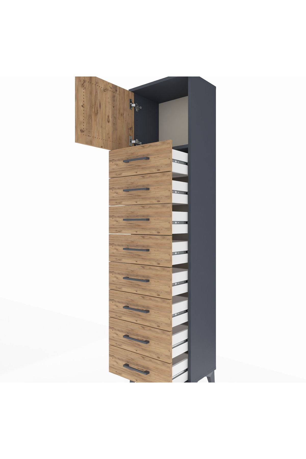 Arges Dolap Tek Raflı 8 Çekmeceli Tek Kapaklı 44x30x182 Antrasit-Çam