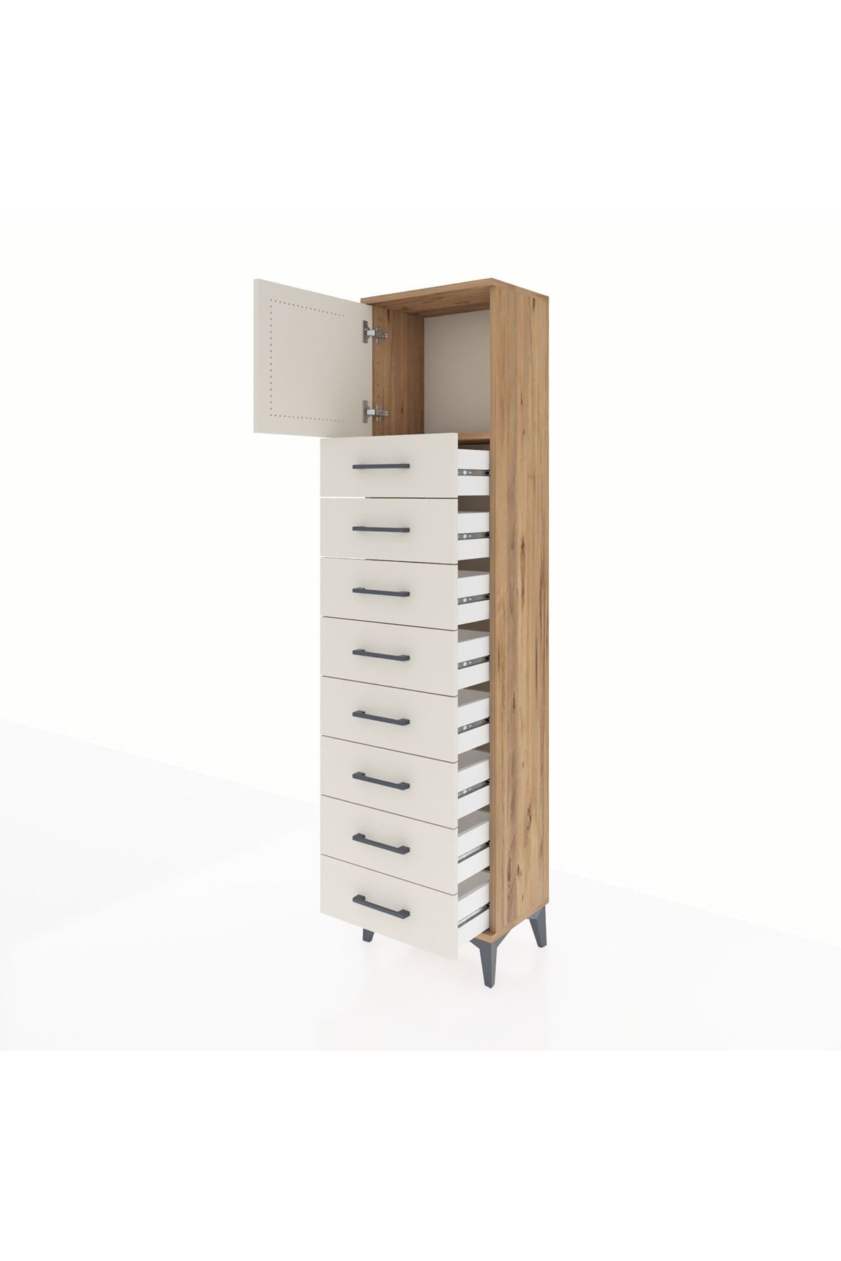 Arges Dolap Tek Raflı 8 Çekmeceli Tek Kapaklı 44x30x182 Çam-Aytaşı