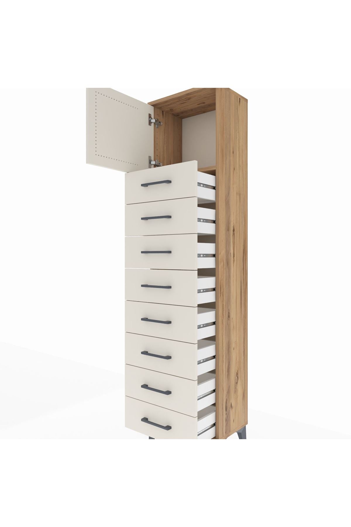 Arges Dolap Tek Raflı 8 Çekmeceli Tek Kapaklı 44x30x182 Çam-Aytaşı