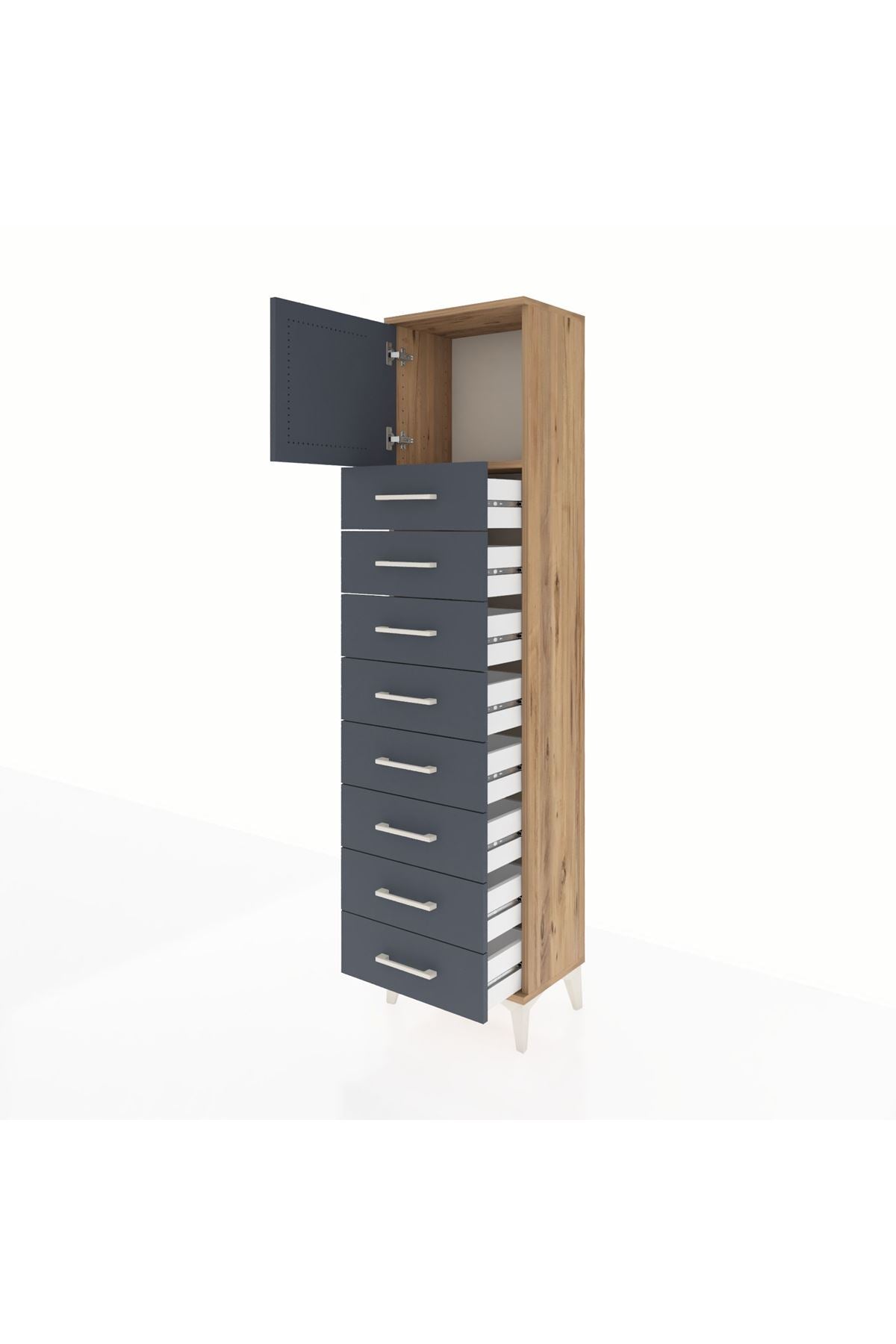 Arges Dolap Tek Raflı 8 Çekmeceli Tek Kapaklı 44x30x182 Çam-Antrasit