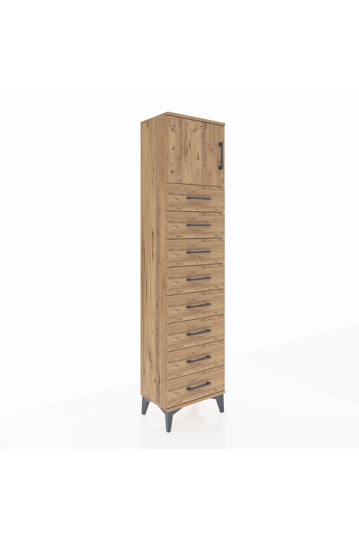 Arges Dolap Tek Raflı 8 Çekmeceli Tek Kapaklı 44x30x182 Çam-Çam