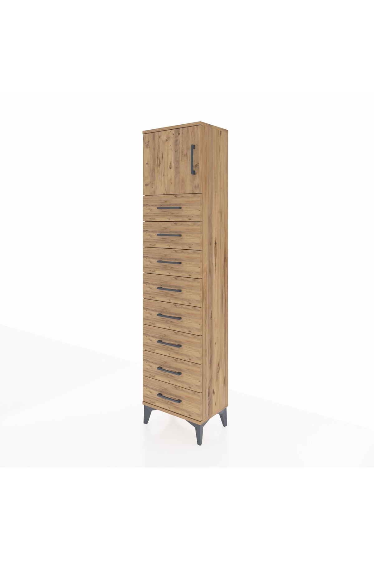 Arges Dolap Tek Raflı 8 Çekmeceli Tek Kapaklı 44x30x182 Çam-Çam