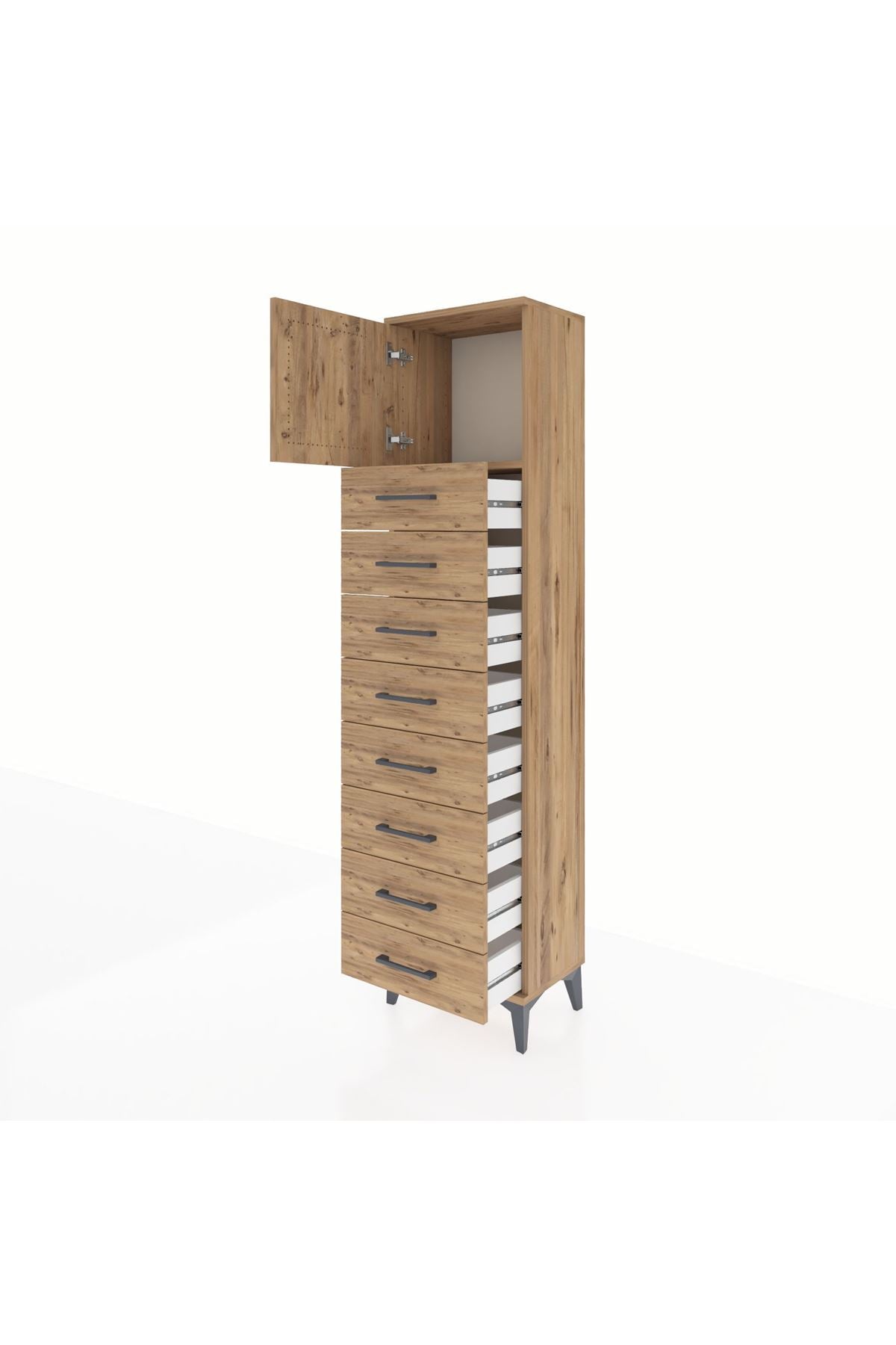 Arges Dolap Tek Raflı 8 Çekmeceli Tek Kapaklı 44x30x182 Çam-Çam