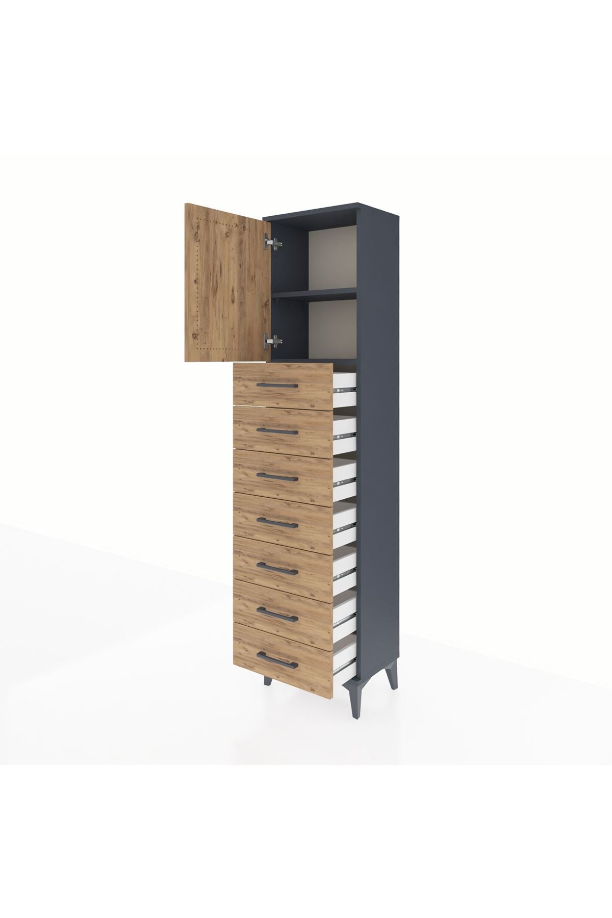 Arges Dolap 2 Raflı 7 Çekmeceli Tek Kapaklı 44x30x182 Antrasit-Çam