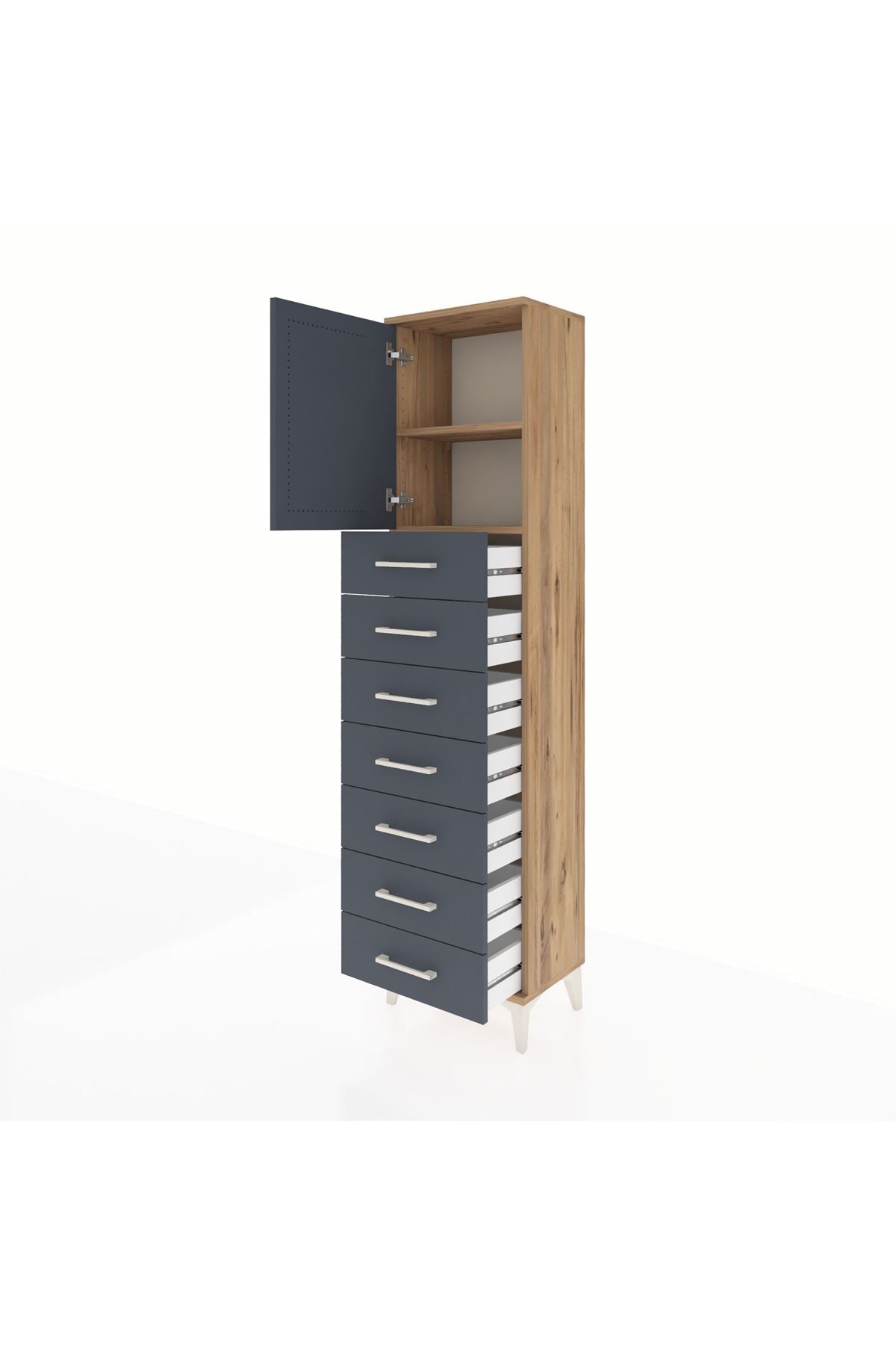 Arges Dolap 2 Raflı 7 Çekmeceli Tek Kapaklı 44x30x182 Çam-Antrasit