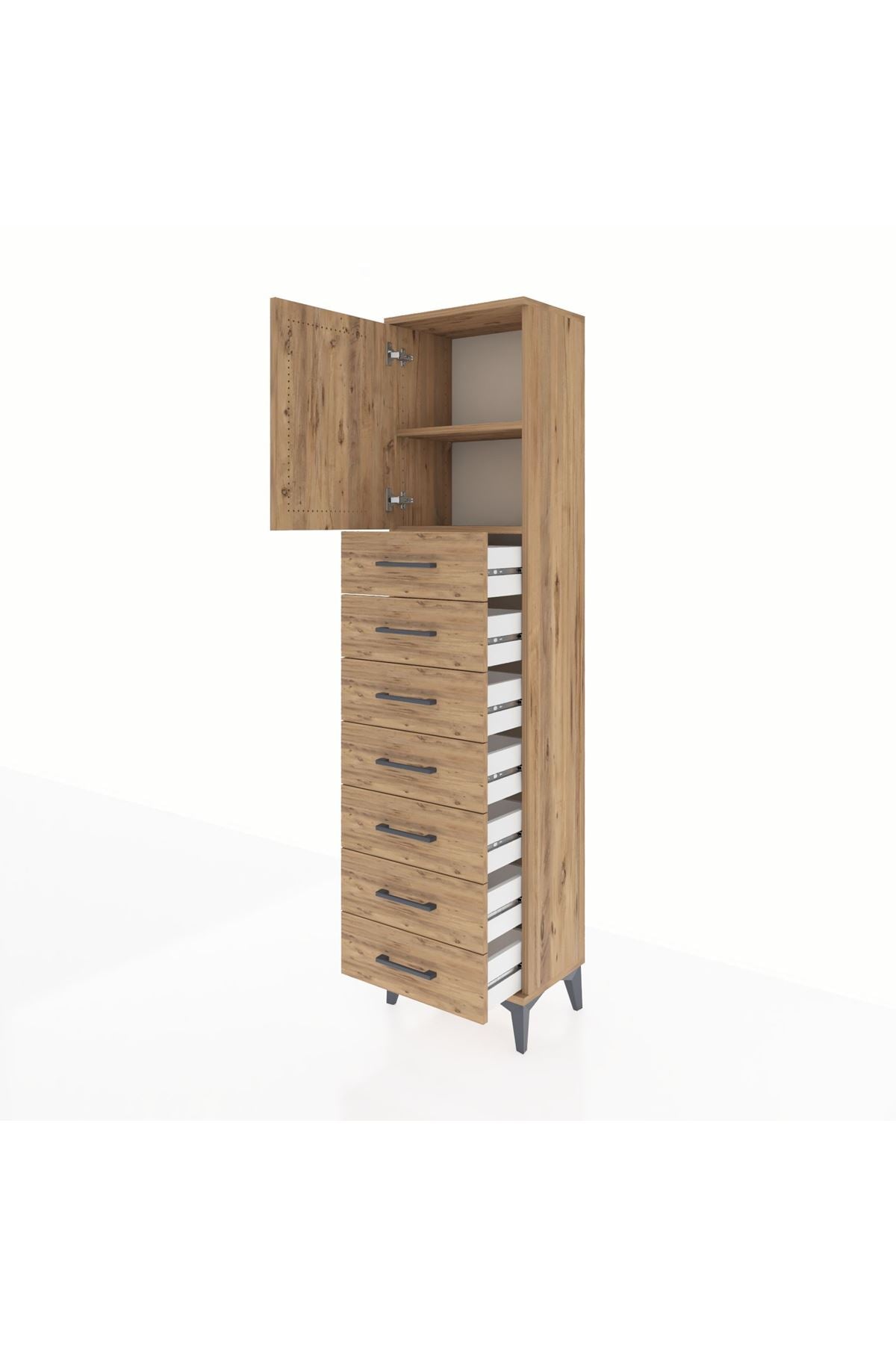 Arges Dolap 2 Raflı 7 Çekmeceli Tek Kapaklı 44x30x182 Çam-Çam