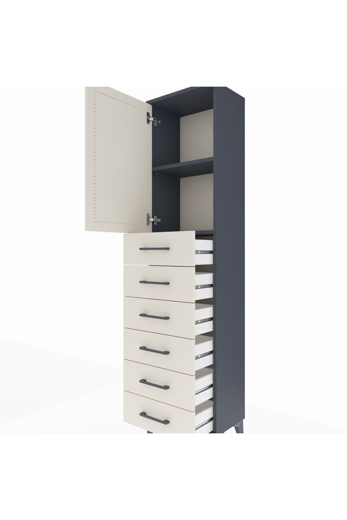 Arges Dolap 2 Raflı 6 Çekmeceli Tek Kapaklı 44x30x182 Antrasit-Aytaşı