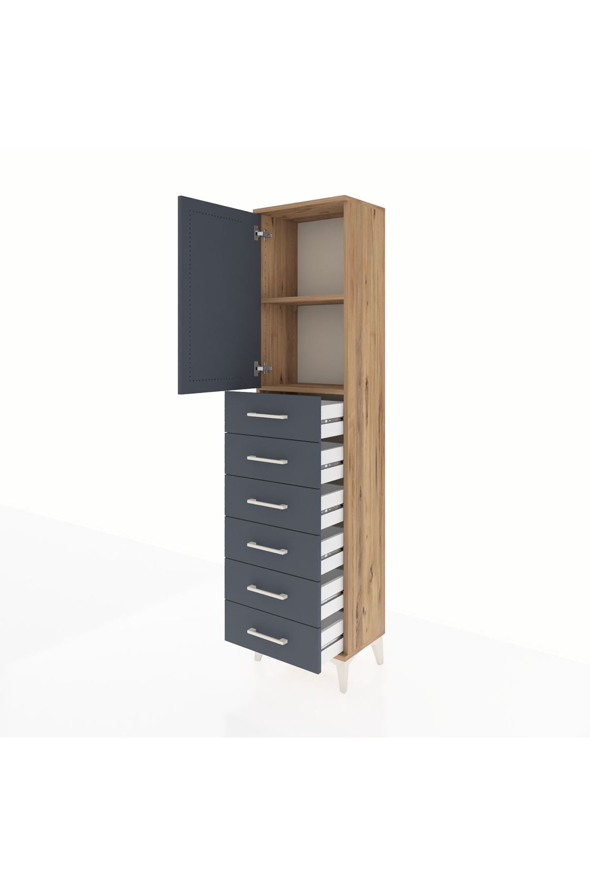 Arges Dolap 2 Raflı 6 Çekmeceli Tek Kapaklı 44x30x182 Çam-Antrasit