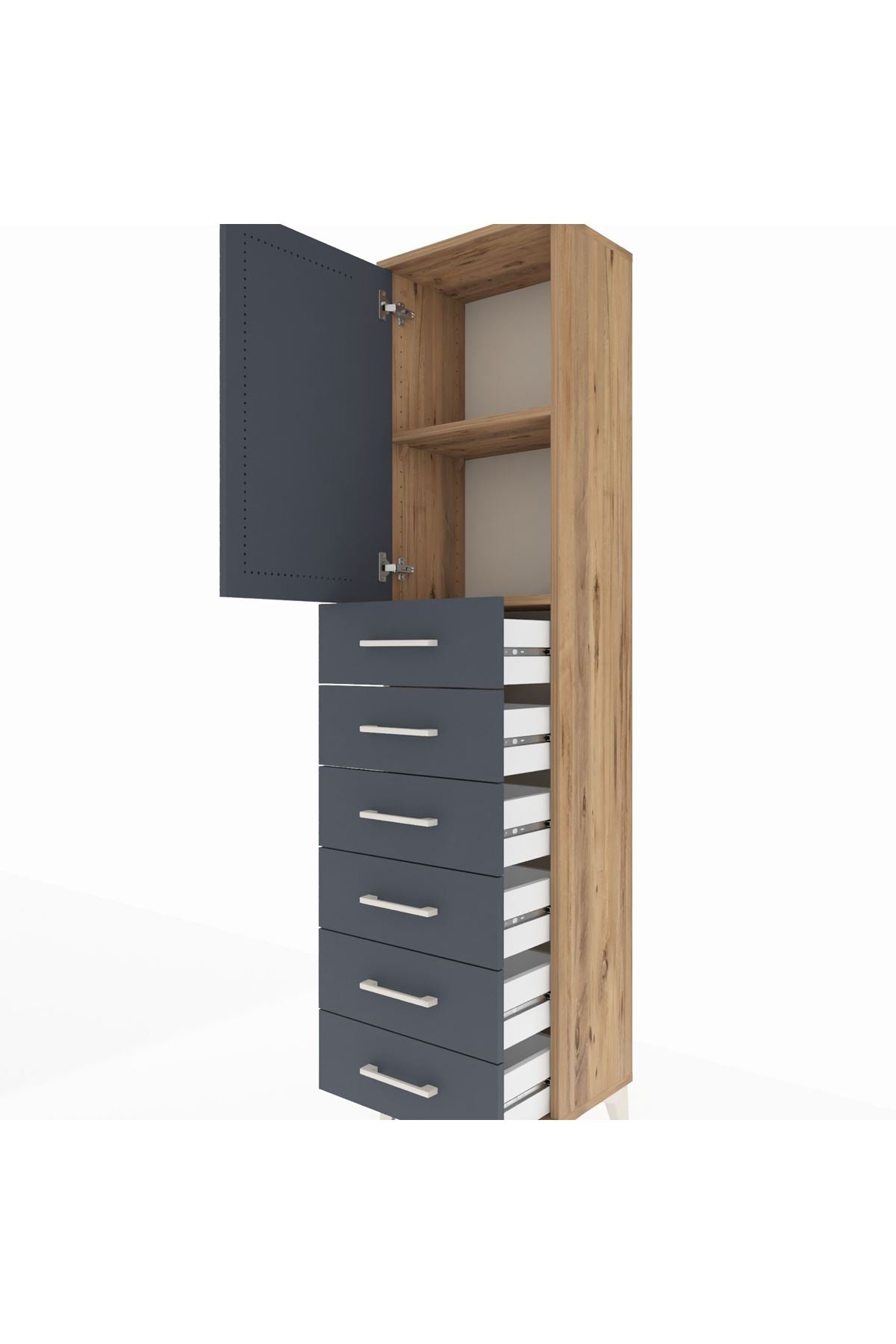 Arges Dolap 2 Raflı 6 Çekmeceli Tek Kapaklı 44x30x182 Çam-Antrasit