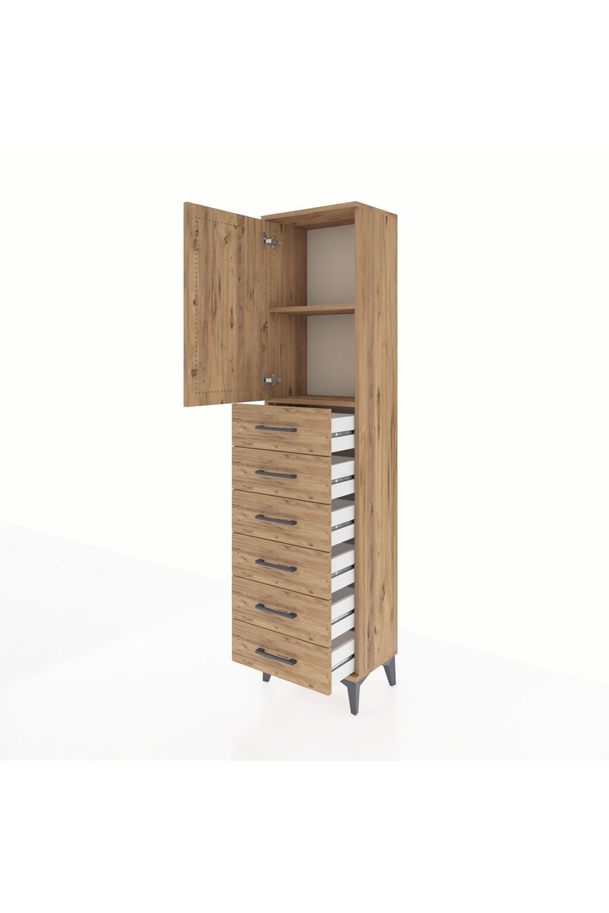 Arges Dolap 2 Raflı 6 Çekmeceli Tek Kapaklı 44x30x182 Çam-Çam