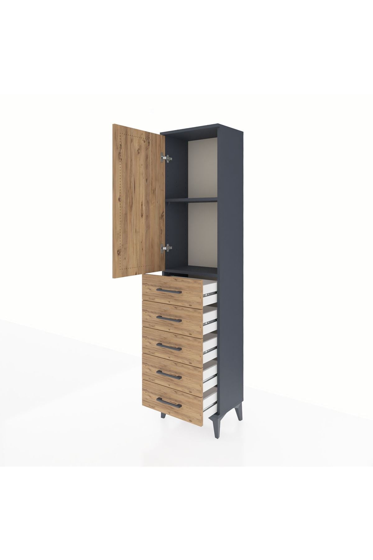 Arges Dolap 2 Raflı 5 Çekmeceli Tek Kapaklı 44x30x182 Antrasit-Çam