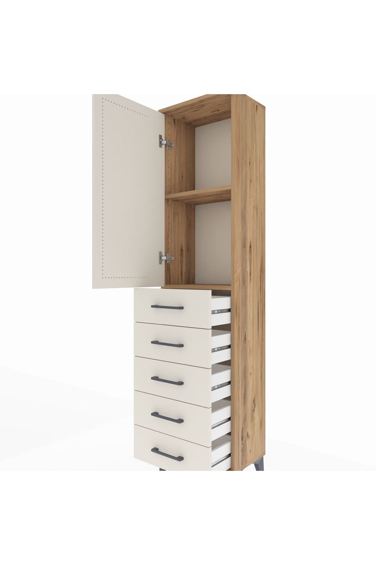 Arges Dolap 2 Raflı 5 Çekmeceli Tek Kapaklı 44x30x182 Çam-Aytaşı