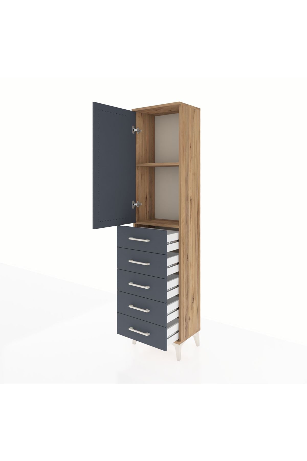 Arges Dolap 2 Raflı 5 Çekmeceli Tek Kapaklı 44x30x182 Çam-Antrasit