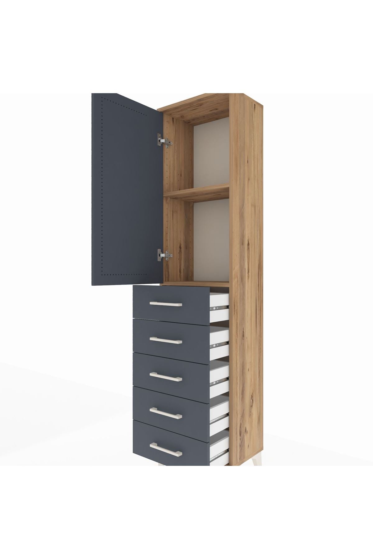 Arges Dolap 2 Raflı 5 Çekmeceli Tek Kapaklı 44x30x182 Çam-Antrasit