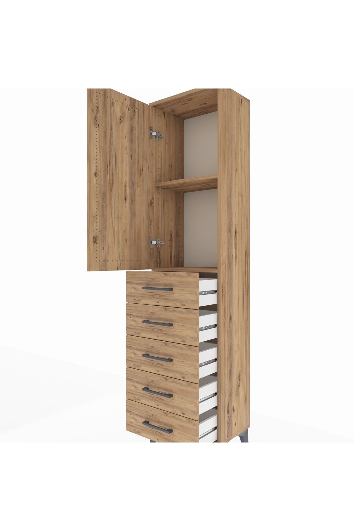 Arges Dolap 2 Raflı 5 Çekmeceli Tek Kapaklı 44x30x182 Çam-Çam