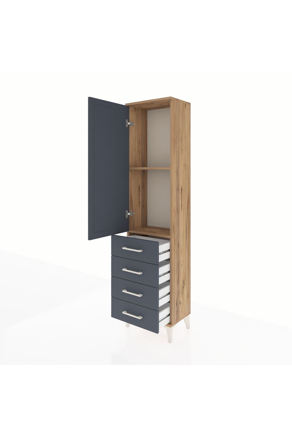 Arges Dolap 2 Raflı 4 Çekmeceli Tek Kapaklı 44x30x182 Çam-Antrasit