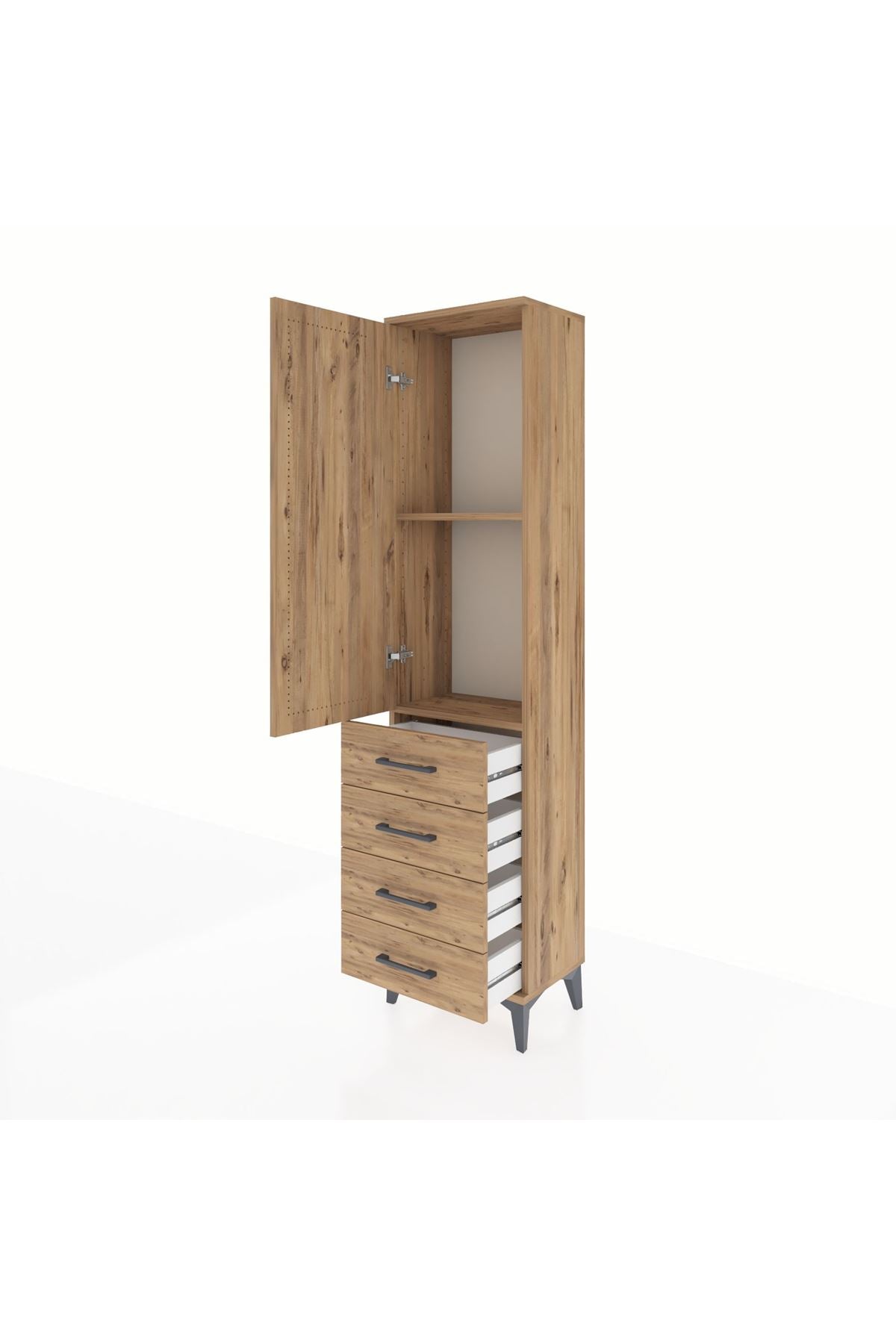 Arges Dolap 2 Raflı 4 Çekmeceli Tek Kapaklı 44x30x182 Çam-Çam