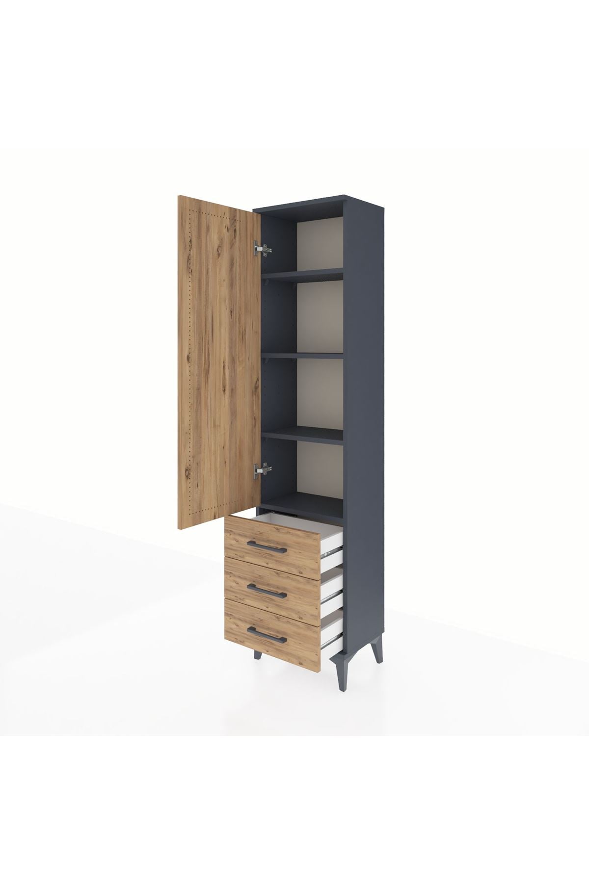 Arges Dolap 4 Raflı 3 Çekmeceli Tek Kapaklı 44x30x182 Antrasit-Çam