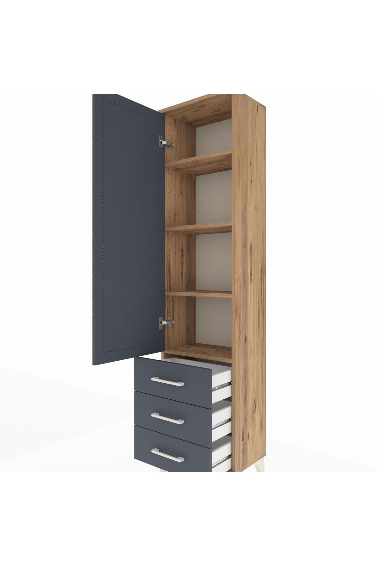 Arges Dolap 4 Raflı 3 Çekmeceli Tek Kapaklı 44x30x182 Çam-Antrasit