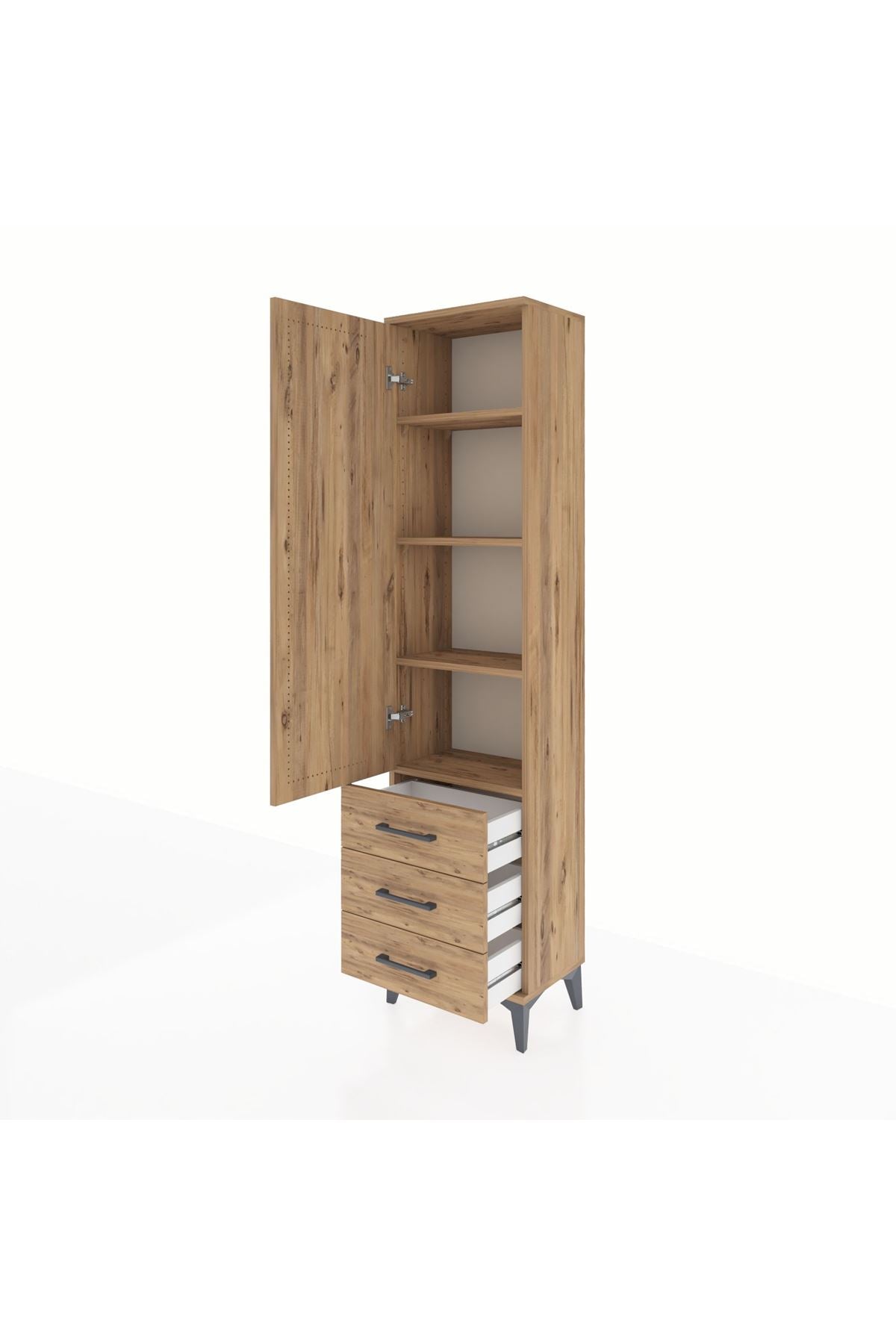 Arges Dolap 4 Raflı 3 Çekmeceli Tek Kapaklı 44x30x182 Çam-Çam