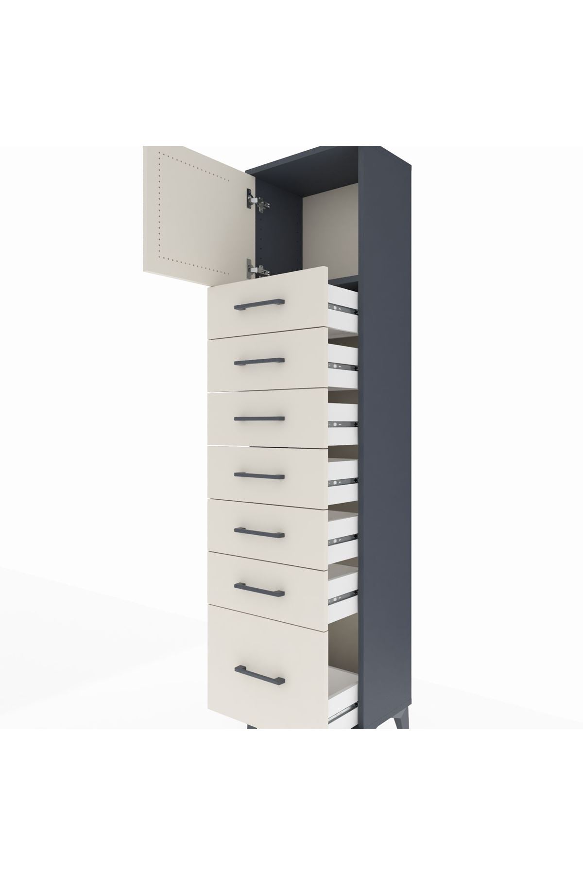 Arges Dolap Tek Raflı 7 Çekmeceli Tek Kapaklı 44x30x182 Antrasit-Aytaşı