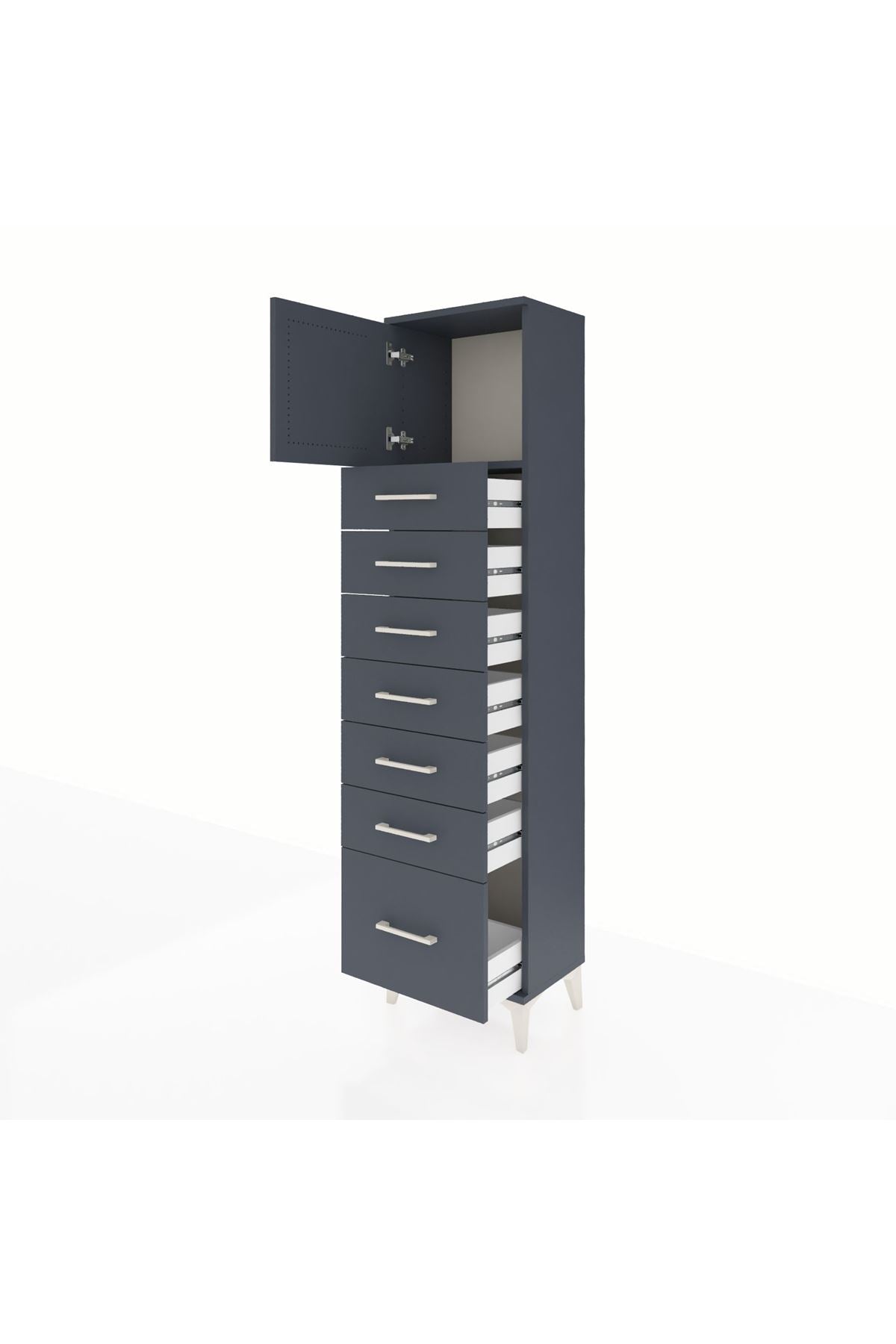 Arges Dolap Tek Raflı 7 Çekmeceli Tek Kapaklı 44x30x182 Antrasit-Antrasit