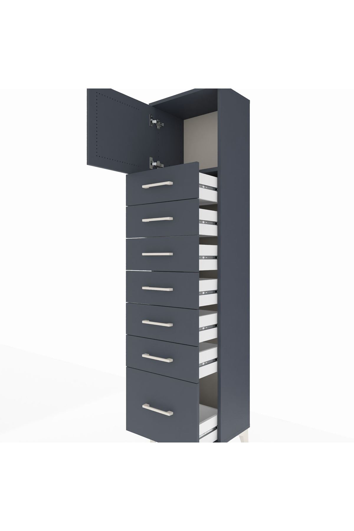 Arges Dolap Tek Raflı 7 Çekmeceli Tek Kapaklı 44x30x182 Antrasit-Antrasit