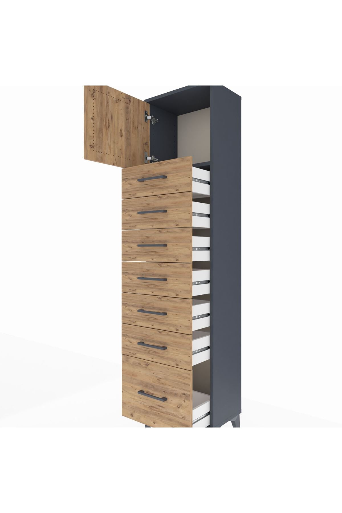 Arges Dolap Tek Raflı 7 Çekmeceli Tek Kapaklı 44x30x182 Antrasit-Çam