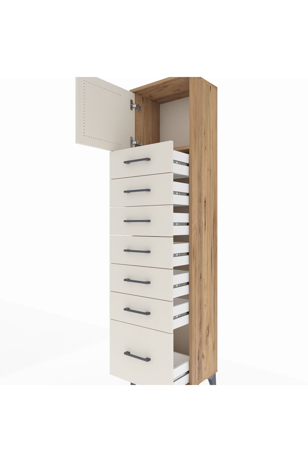 Arges Dolap Tek Raflı 7 Çekmeceli Tek Kapaklı 44x30x182 Çam-Aytaşı