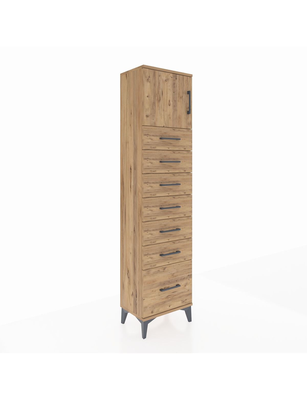 Arges Dolap Tek Raflı 7 Çekmeceli Tek Kapaklı 44x30x182 Çam-Çam