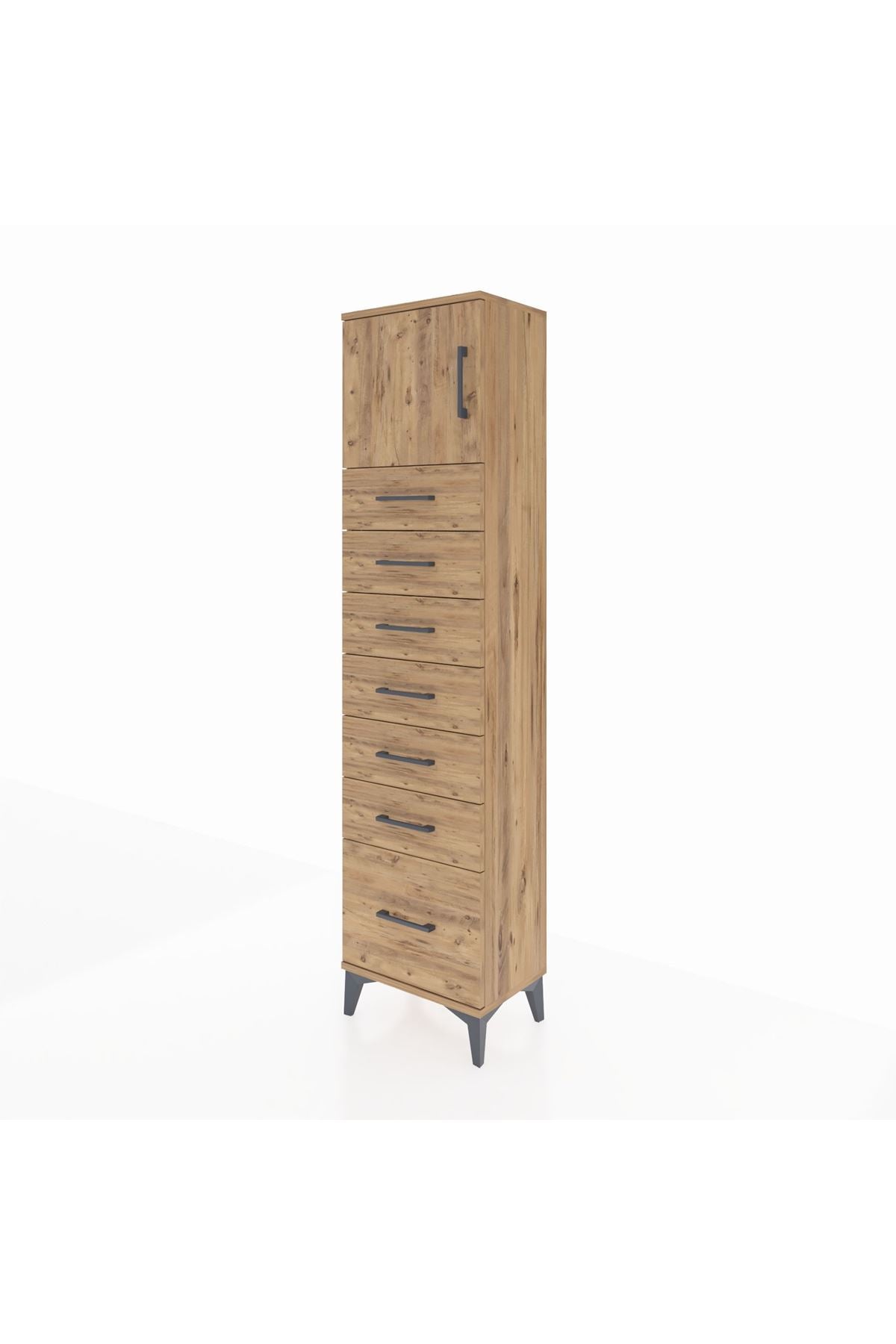 Arges Dolap Tek Raflı 7 Çekmeceli Tek Kapaklı 44x30x182 Çam-Çam