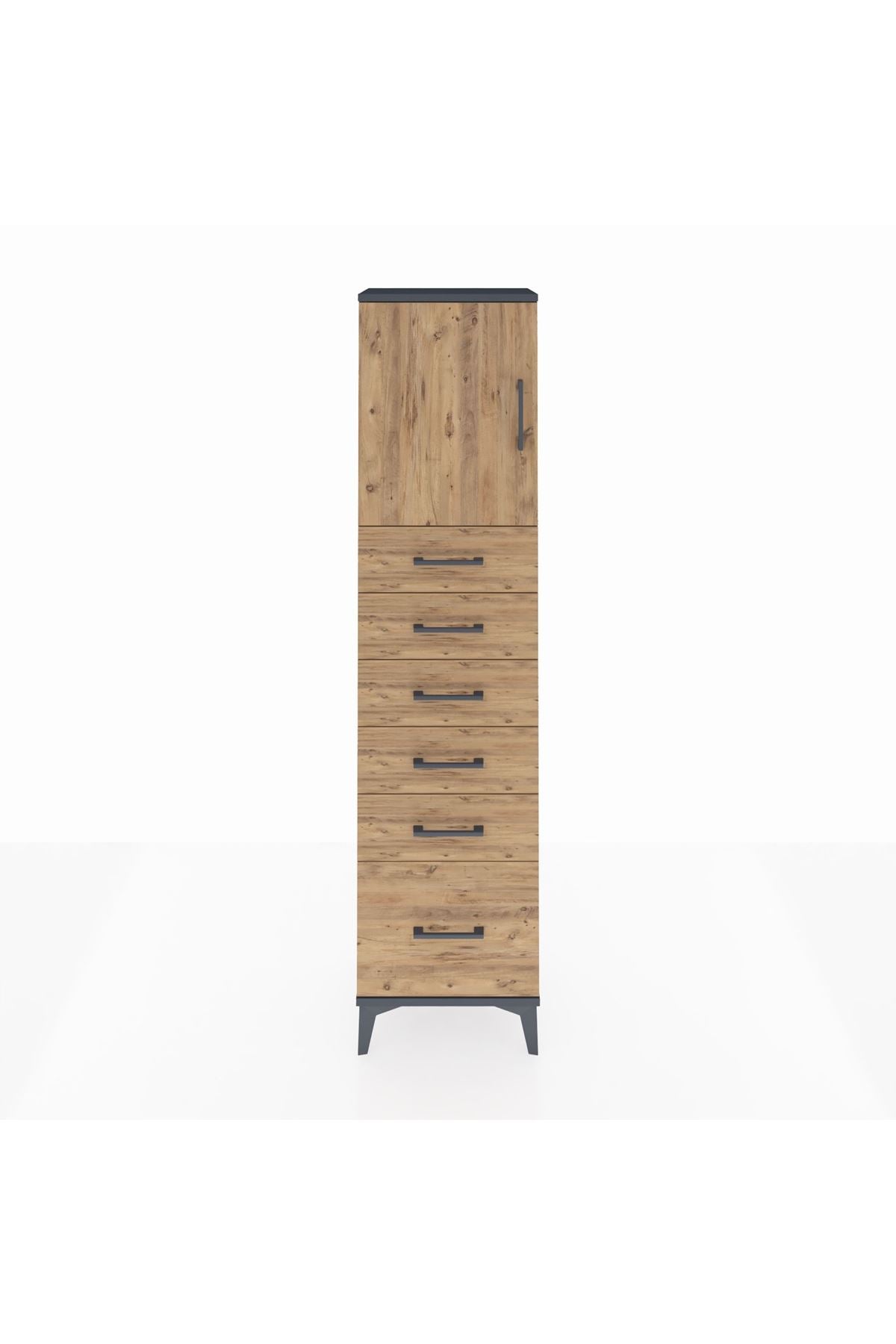 Arges Dolap Tek Raflı 6 Çekmeceli Tek Kapaklı 44x30x182 Antrasit-Çam