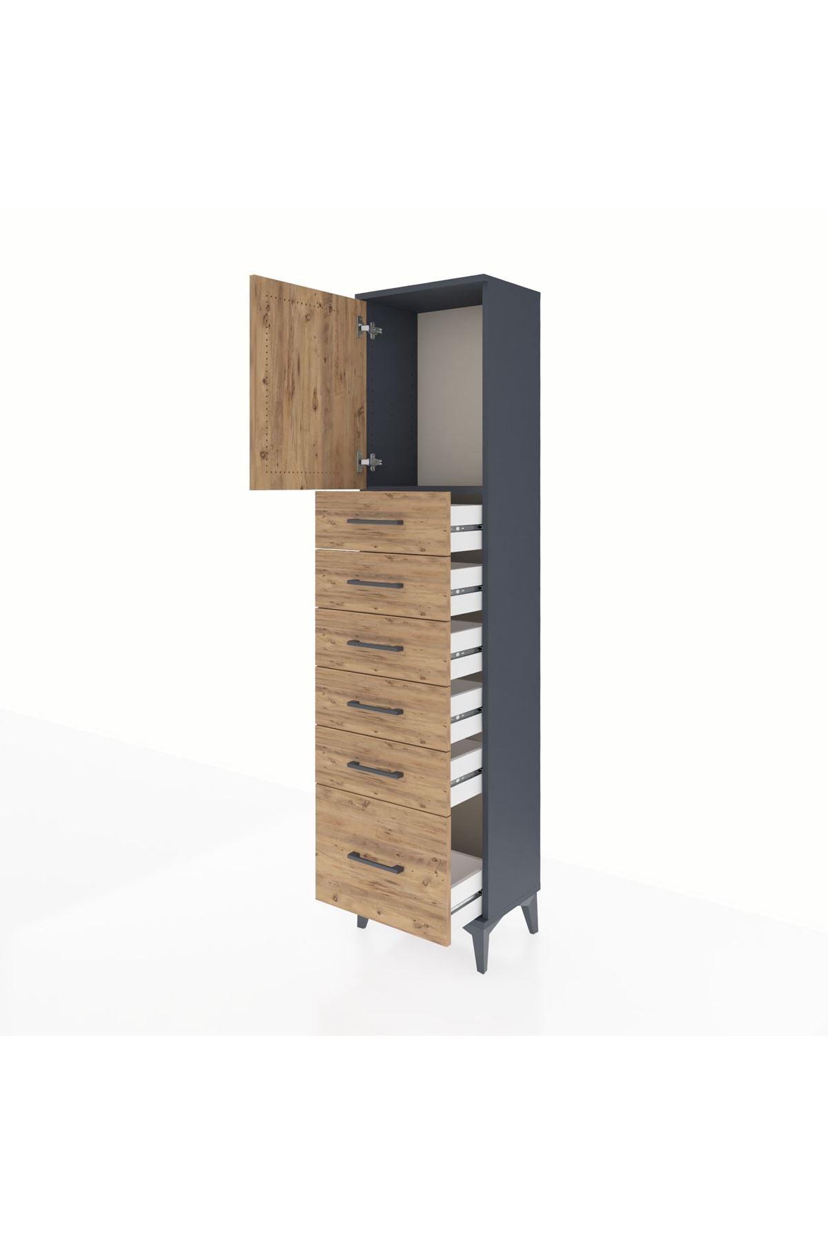 Arges Dolap Tek Raflı 6 Çekmeceli Tek Kapaklı 44x30x182 Antrasit-Çam