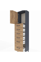 Arges Dolap Tek Raflı 6 Çekmeceli Tek Kapaklı 44x30x182 Antrasit-Çam