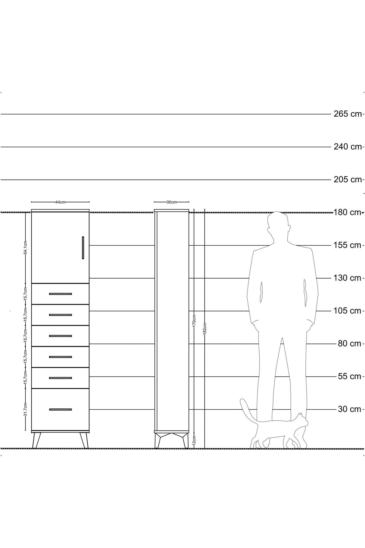 Arges Dolap Tek Raflı 6 Çekmeceli Tek Kapaklı 44x30x182 Antrasit-Çam