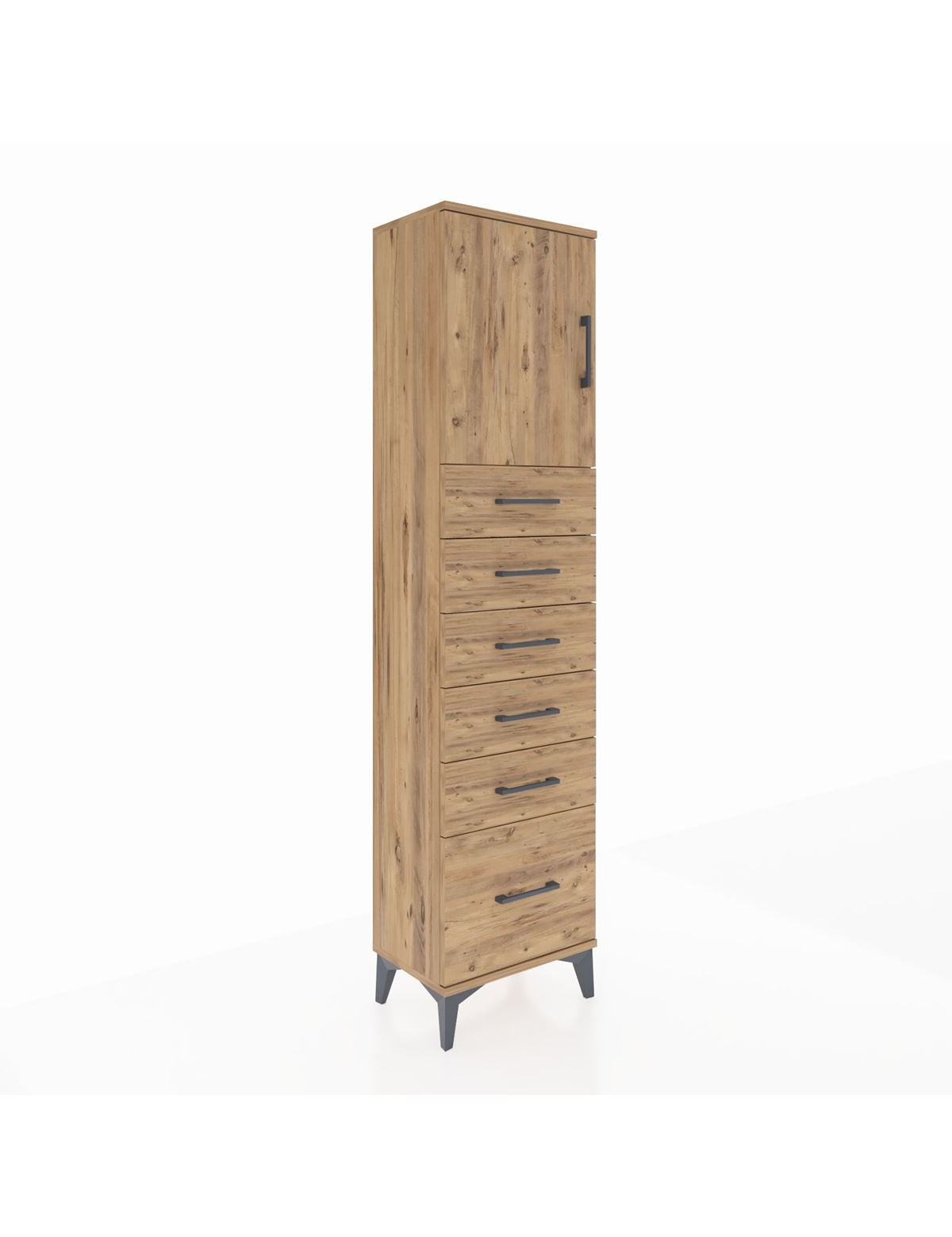 Arges Dolap Tek Raflı 6 Çekmeceli Tek Kapaklı 44x30x182 Çam-Çam