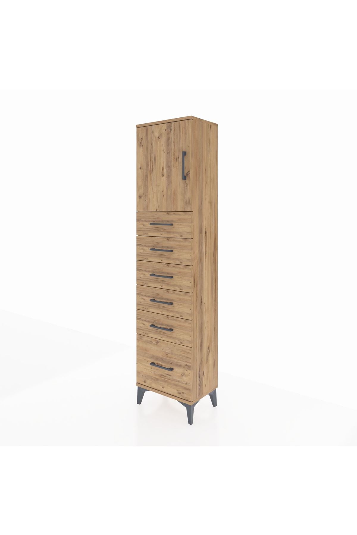 Arges Dolap Tek Raflı 6 Çekmeceli Tek Kapaklı 44x30x182 Çam-Çam